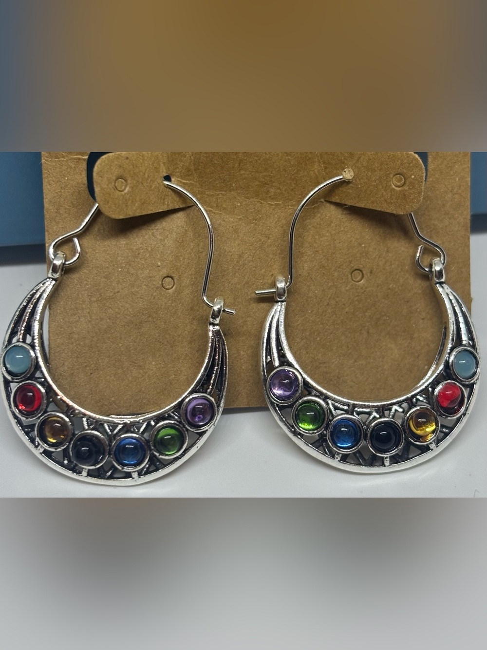 Silver Multi-Gem Crescent Hoop Earrings - Colorful Stone Accents